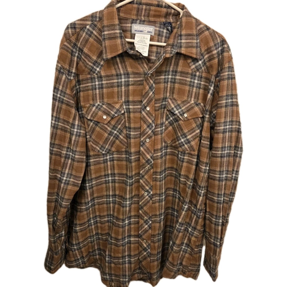 VTG Wrangler Rancher Flannelโ Pearl Snap Brown Plaid Mens Long Sleeve Sz XLT